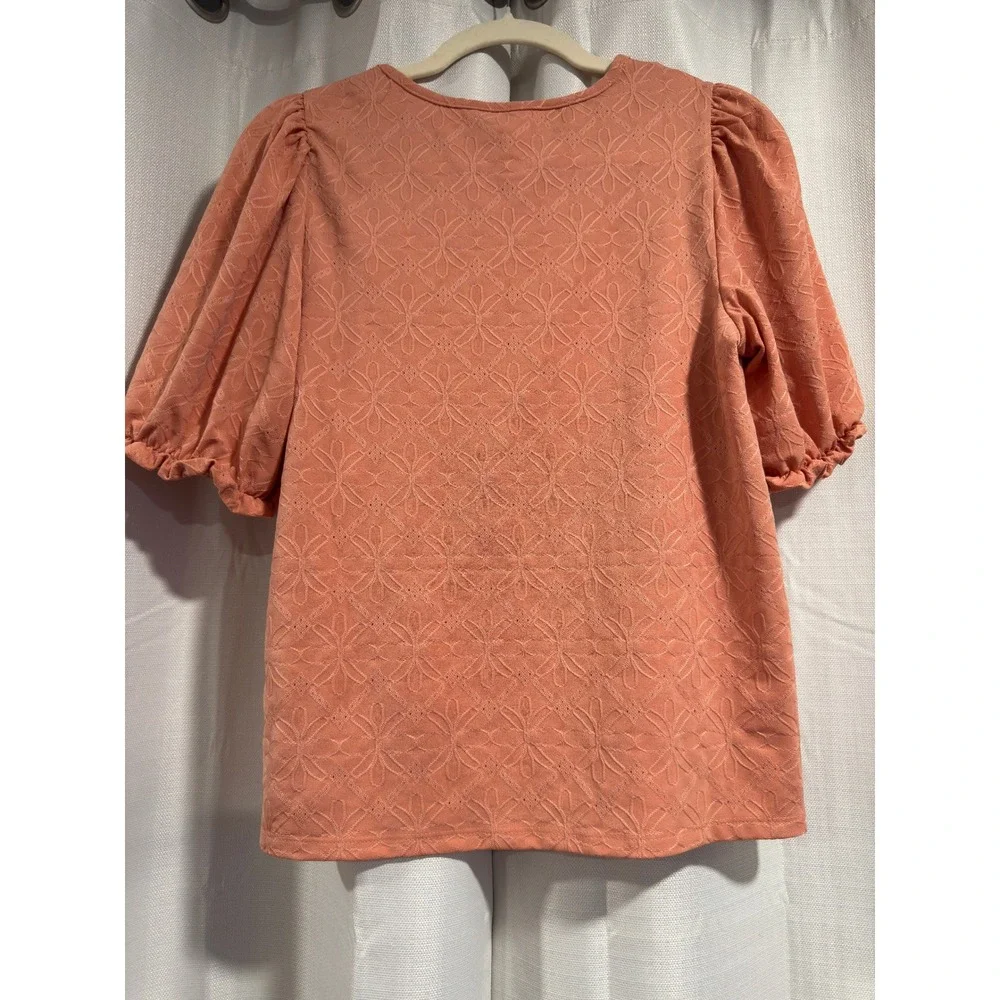 LC‎ Lauren Conrad Coral Orange Floral Eyelet Puff Sleeve Top Sz S